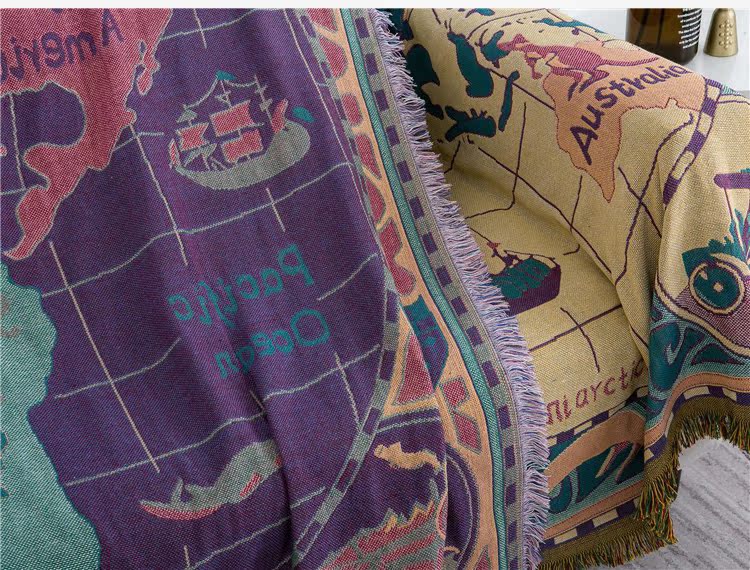 ソファーカバー 世界地図柄房飾り付き多機能ソファーカバー