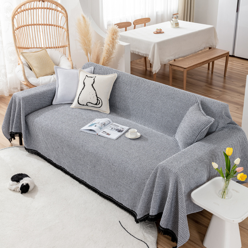 ソファーカバー 小格子模様フリンジ付きマルチカバー二人掛け用