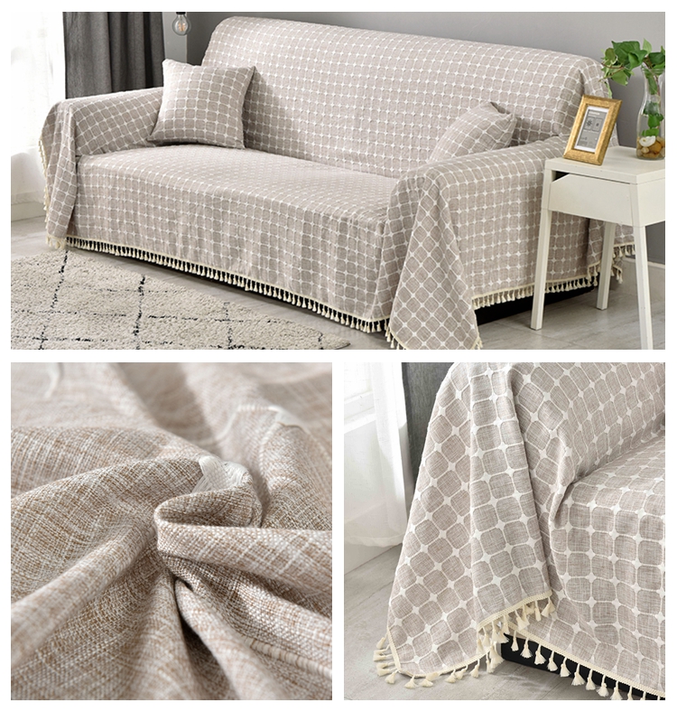 ソファーカバー 格子柄タッセル付きマルチカバー2人掛け用