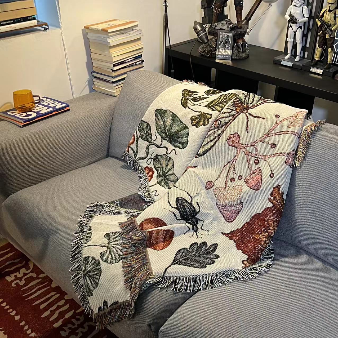 ソファーカバー 自然図鑑模様織り生地フリンジ付きソファーカバー