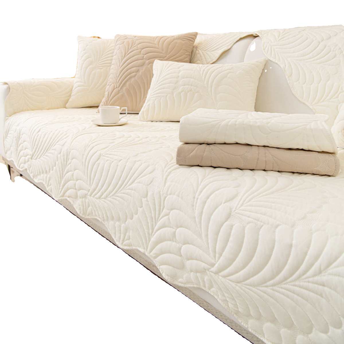 ソファーカバー リーフ刺繍キルティング厚手ソファーカバー