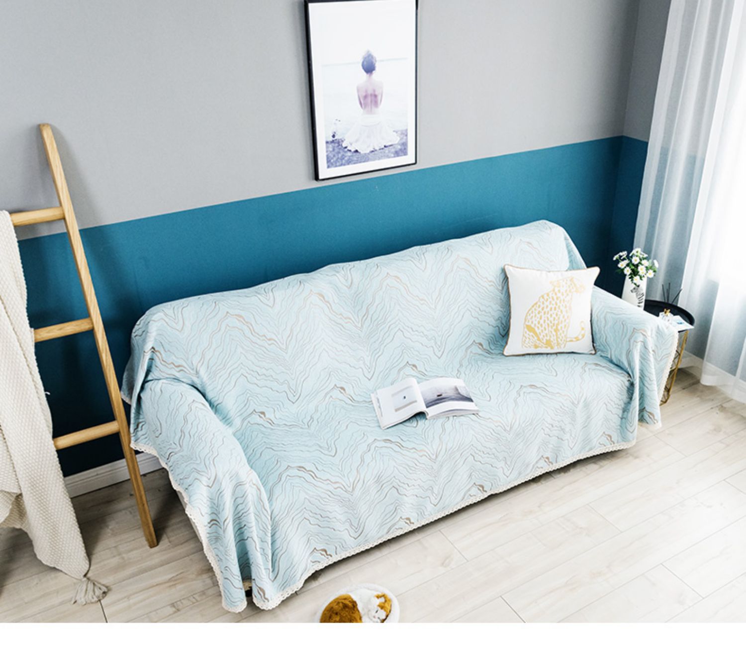 ソファーカバー 波模様レース付きマルチカバー