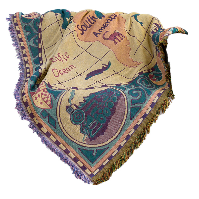 ソファーカバー 世界地図柄房飾り付き多機能ソファーカバー