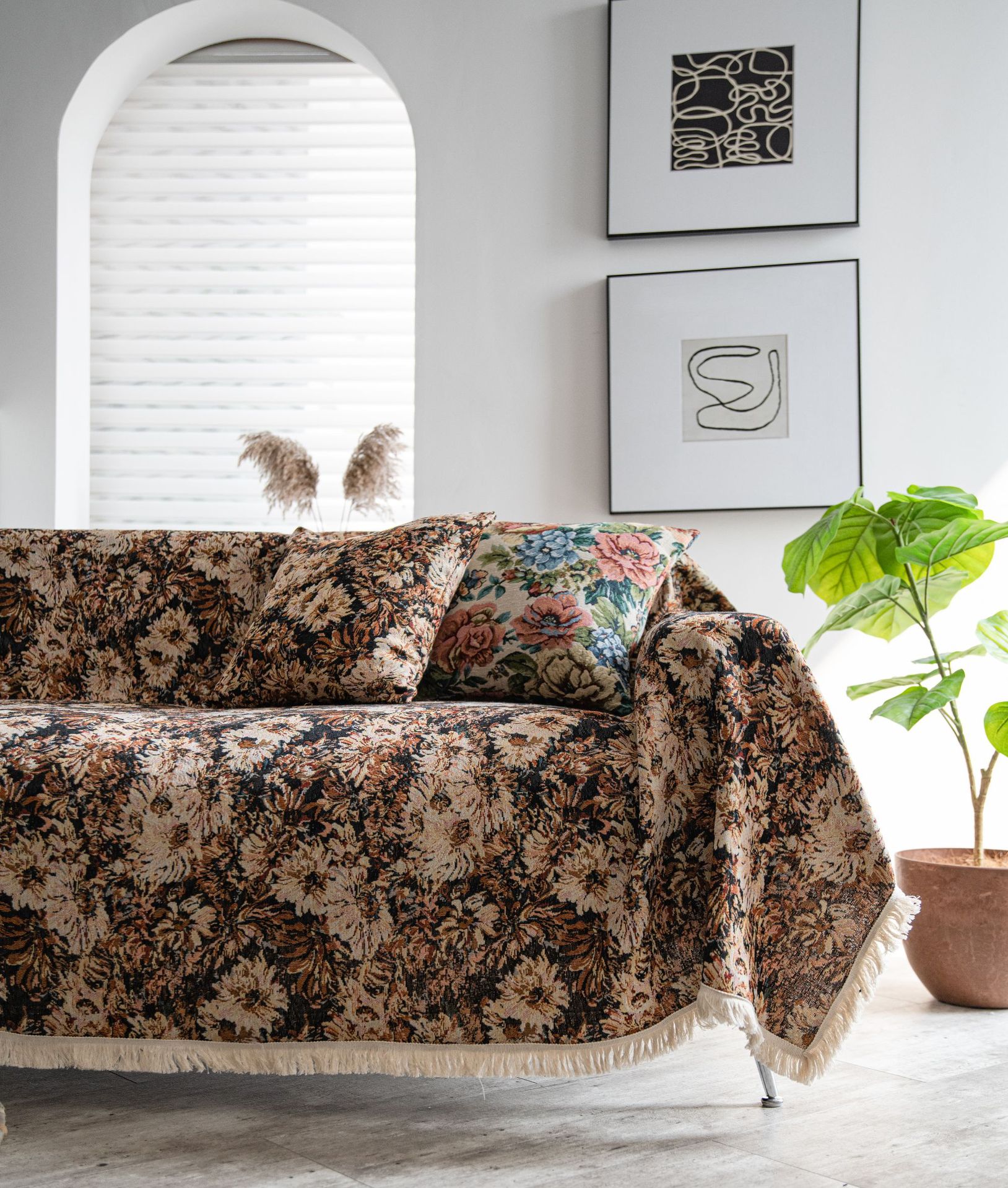 ソファーカバー 花柄織りマルチカバーフリンジ付き2人掛け用