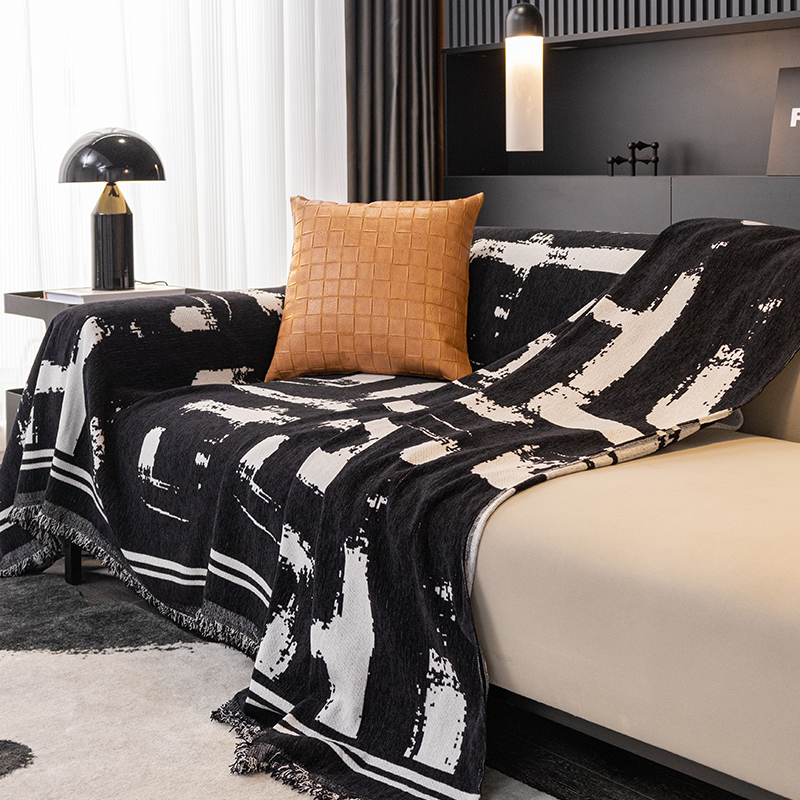 ソファーカバー 抽象アート柄フリンジ付きソファーカバー