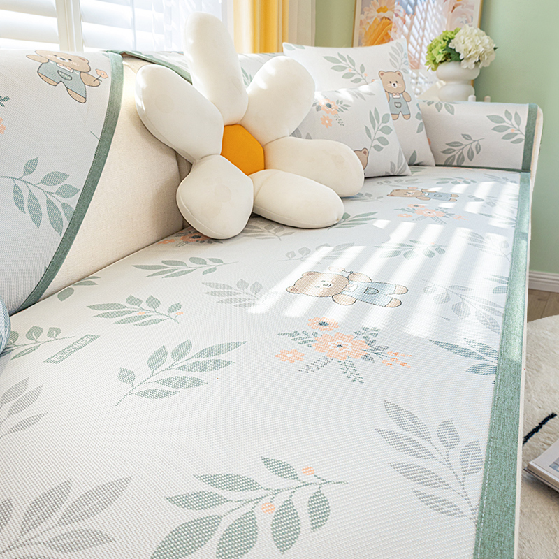 ソファーカバー くまちゃんと花柄がかわいい涼感素材の座面ソファーカバー