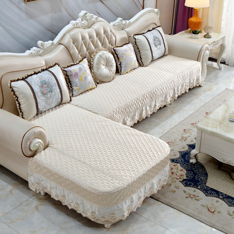 ソファーカバー 高級刺繍花柄フリル付き三人掛けソファーカバー