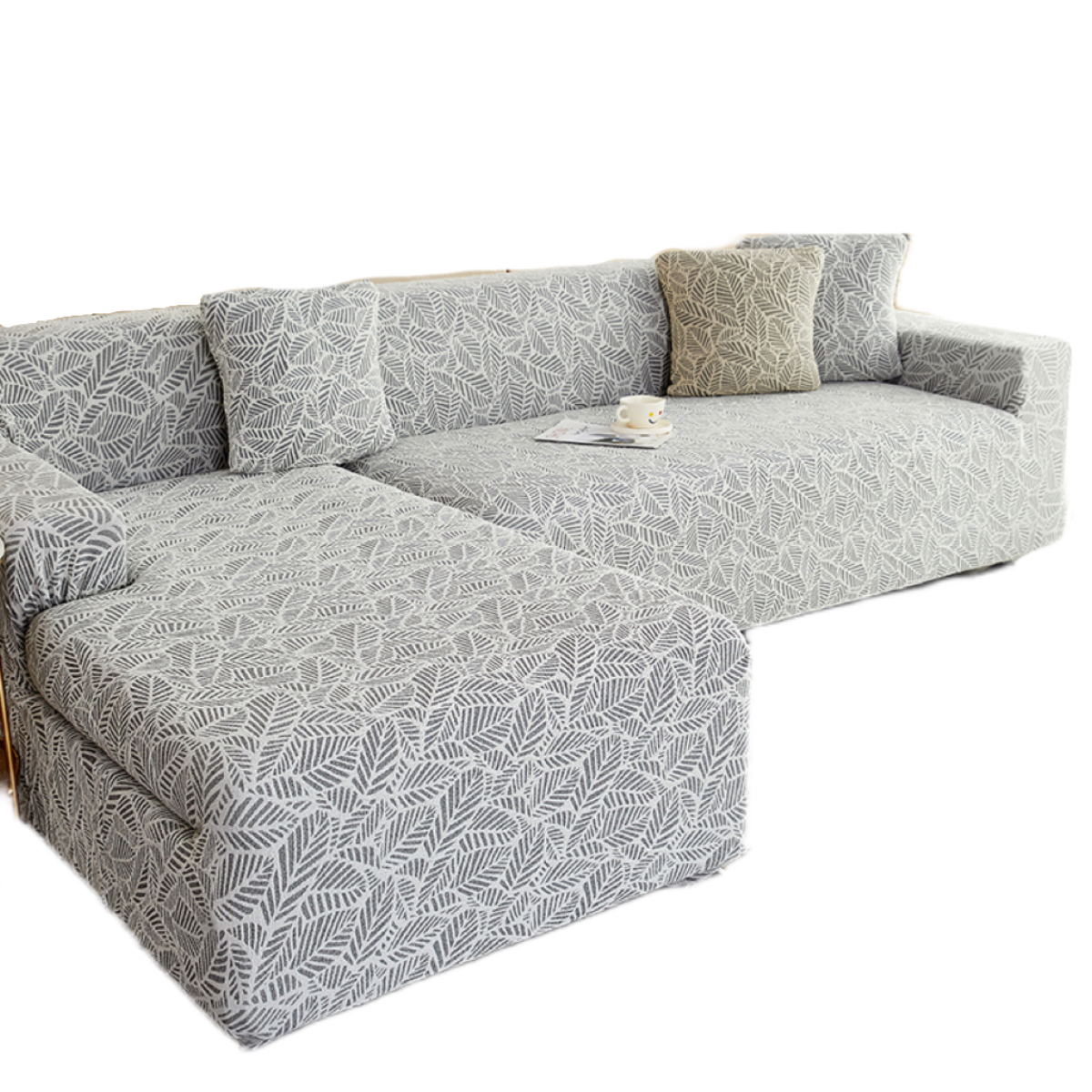 ソファーカバー 葉柄模様伸縮素材二人掛けソファーカバー