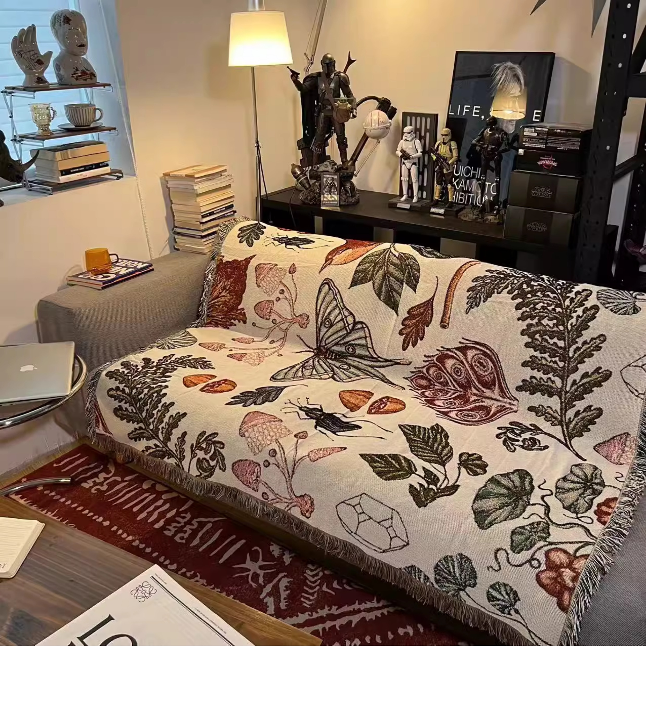 ソファーカバー 自然図鑑模様織り生地フリンジ付きソファーカバー