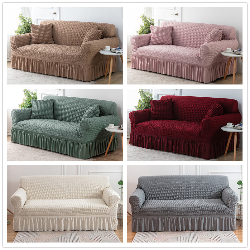 ソファーカバー ワッフル織りフリル付き2人掛けソファーカバー