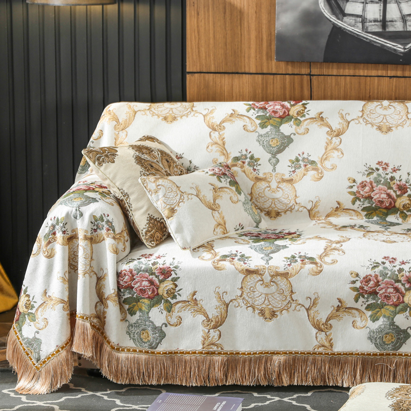 ソファーカバー 宮廷風薔薇と唐草模様房飾り付きソファーカバー