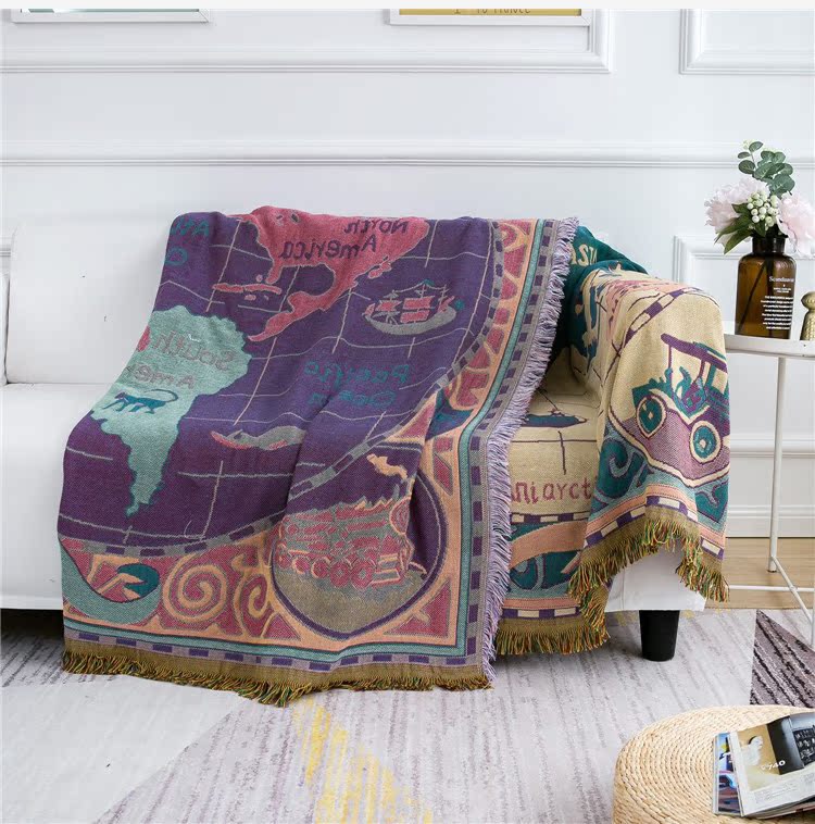 ソファーカバー 世界地図柄房飾り付き多機能ソファーカバー