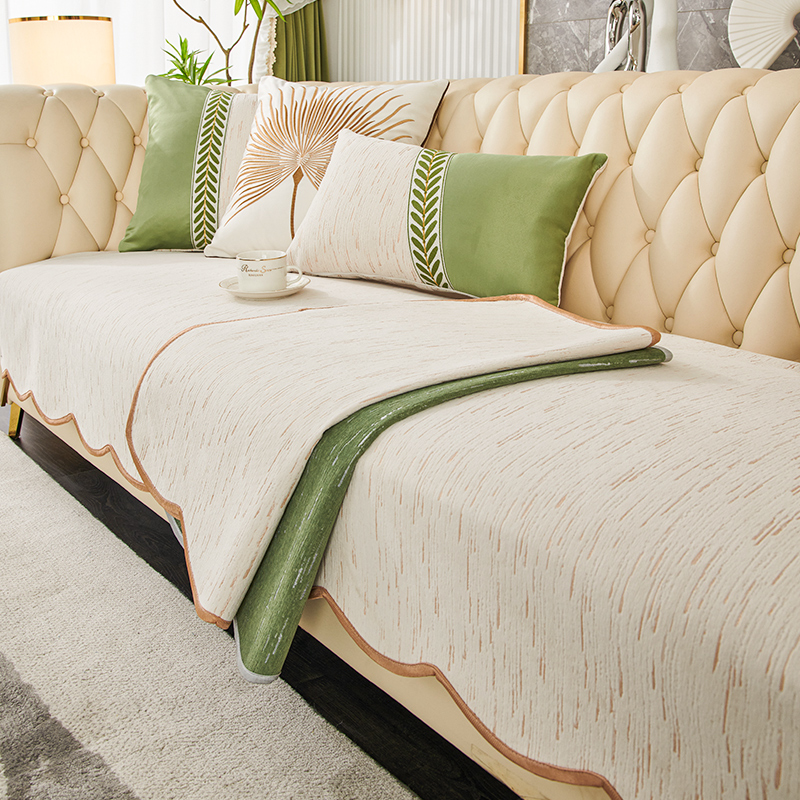 ソファーカバー 波型縁取り上質綿麻混紡二人掛け用座面保護カバー