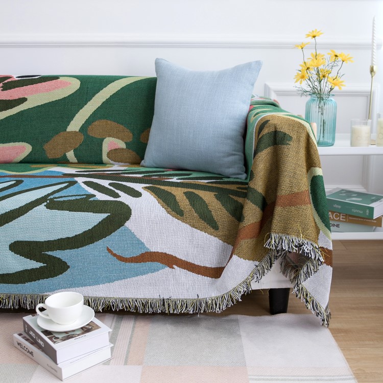 ソファーカバー 抽象アート柄フリンジ付きマルチカバー