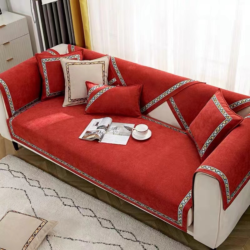 ソファーカバー 幾何学模様刺繍ライン装飾ソファーカバー