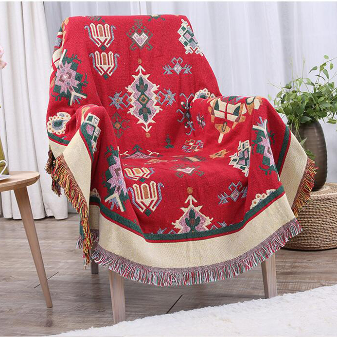 ソファーカバー 民族調幾何学模様フリンジ付きソファーカバー