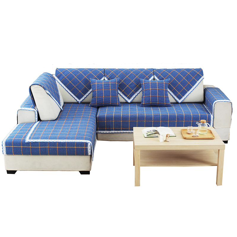 ソファーカバー 格子柄レース縁取り三人掛けソファーカバー