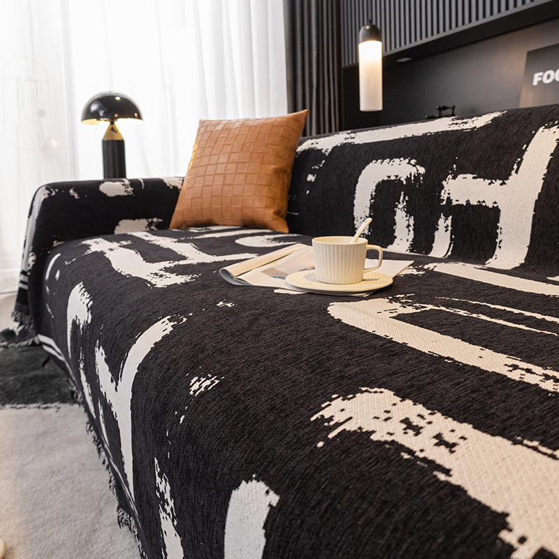 ソファーカバー 抽象アート柄フリンジ付きソファーカバー