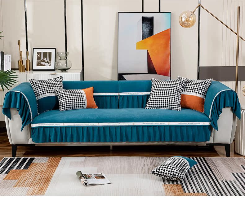 ソファーカバー プリーツ装飾付き高級ベルベット調ソファーカバー