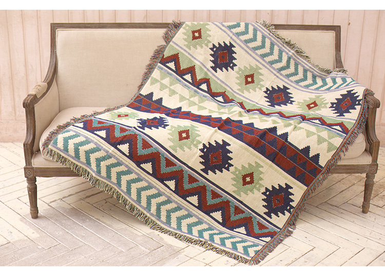 ソファーカバー 民族調幾何学模様フリンジ付きマルチカバー