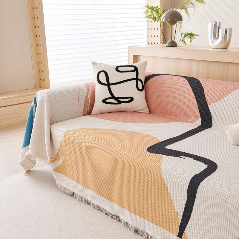 ソファーカバー 北欧風幾何学模様フリンジ付きマルチカバー