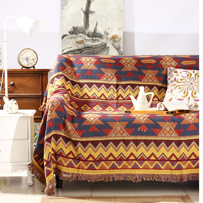 ソファーカバー 民族調幾何学模様フリンジ付きマルチカバー