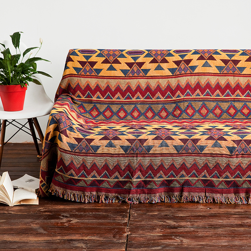ソファーカバー 民族調幾何学模様フリンジ付きマルチカバー