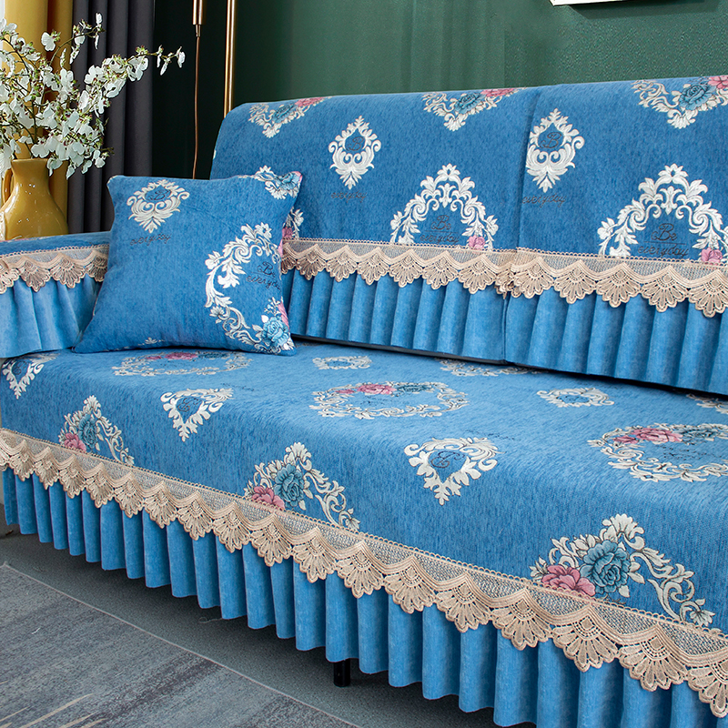 ソファーカバー 森の鹿と木々刺繍レース付きプリーツ装飾2人掛けソファーカバー