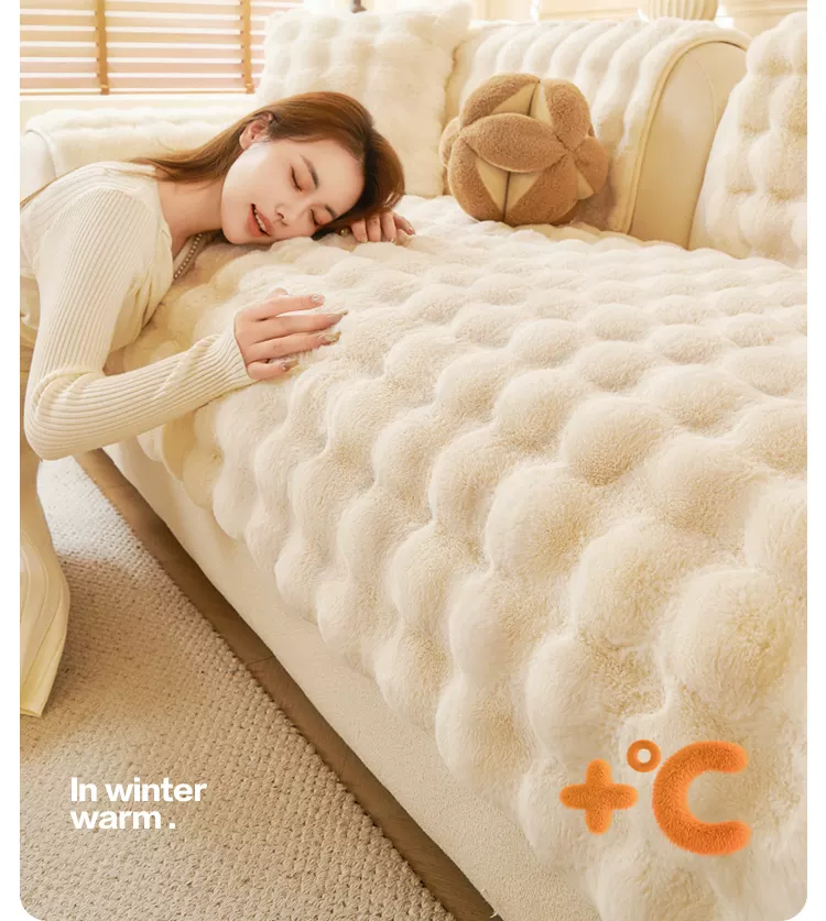 ソファーカバー もこもこ波型ファー素材の2人掛けソファーカバー