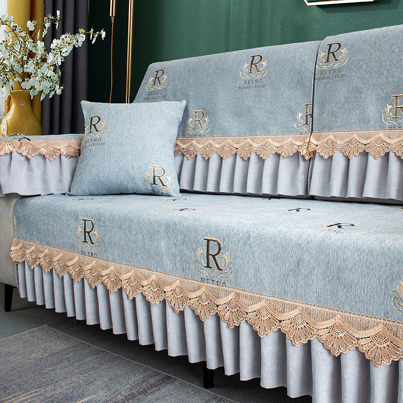 ソファーカバー 森の鹿と木々刺繍レース付きプリーツ装飾2人掛けソファーカバー