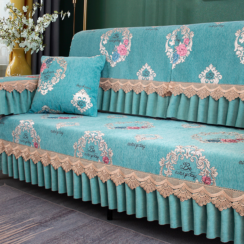 ソファーカバー 森の鹿と木々刺繍レース付きプリーツ装飾2人掛けソファーカバー