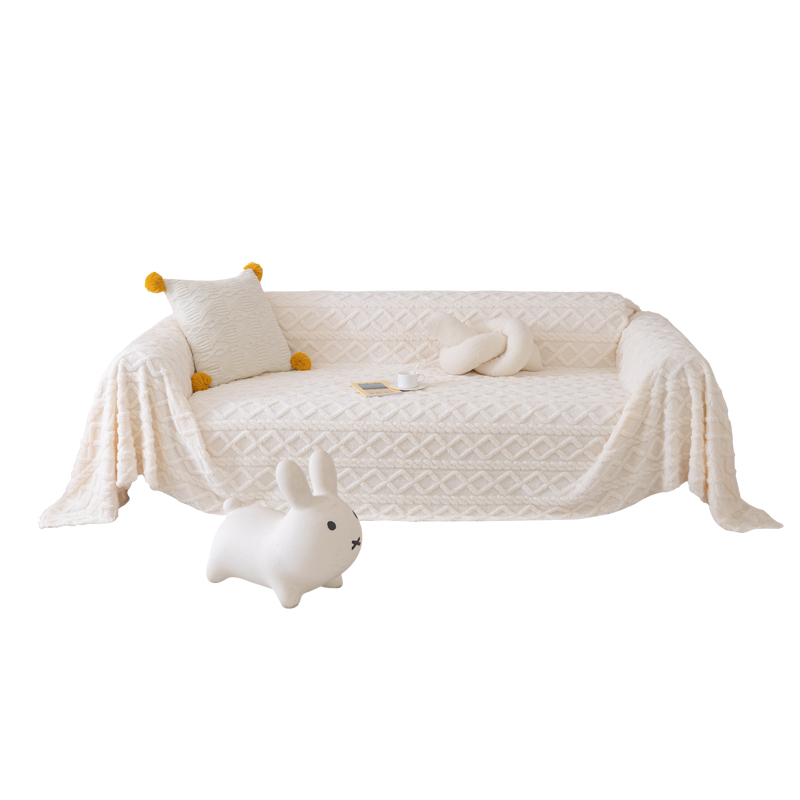 ソファーカバー ぽんぽん付き菱形模様編み込み二人掛けソファーカバー