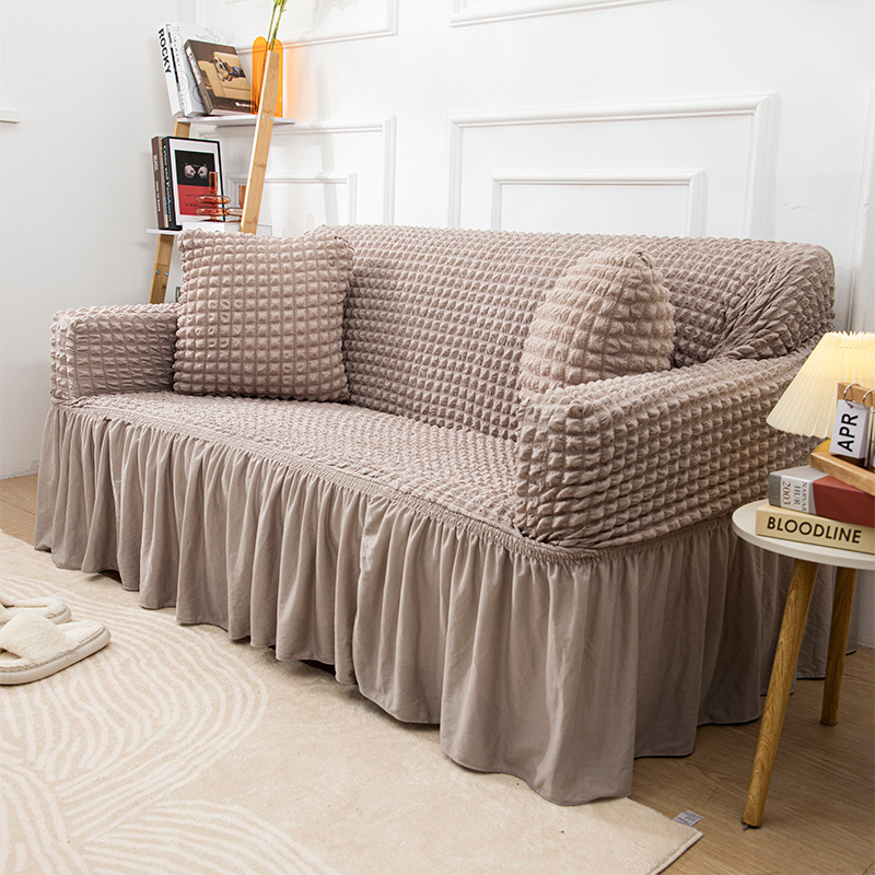 ソファーカバー 格子編み風フリル付き伸縮ソファーカバー