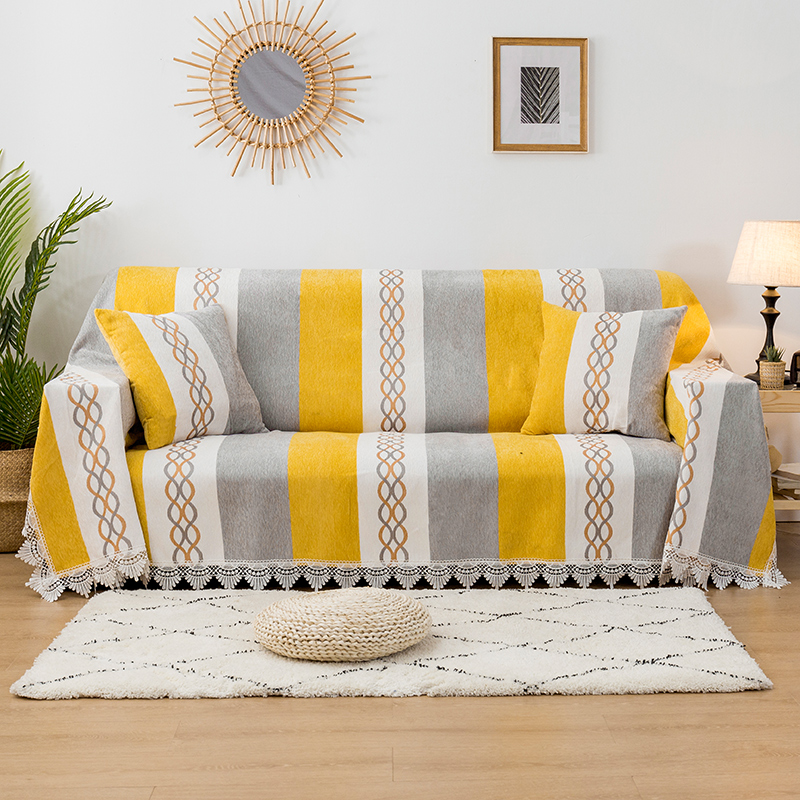 ソファーカバー 縦縞模様と装飾柄入り房付きマルチカバー