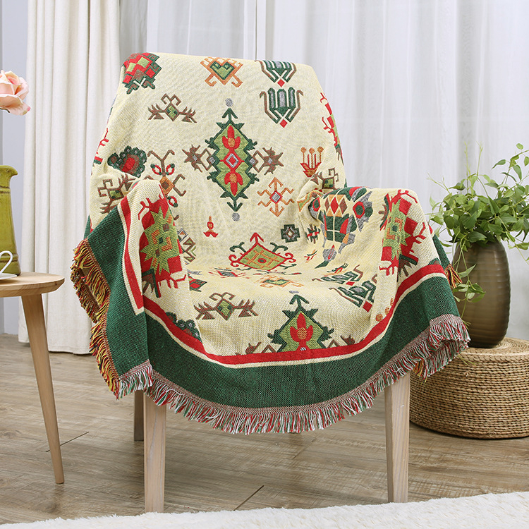 ソファーカバー 民族調幾何学模様フリンジ付きソファーカバー
