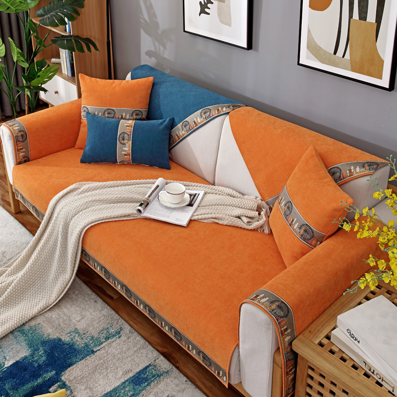 ソファーカバー 高級感あふれる幾何学模様装飾帯付き2人掛けソファーカバー