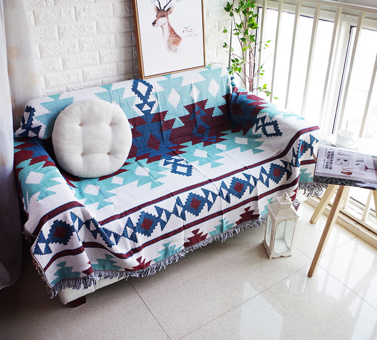 ソファーカバー エスニック幾何学模様織りフリンジ付きマルチカバー