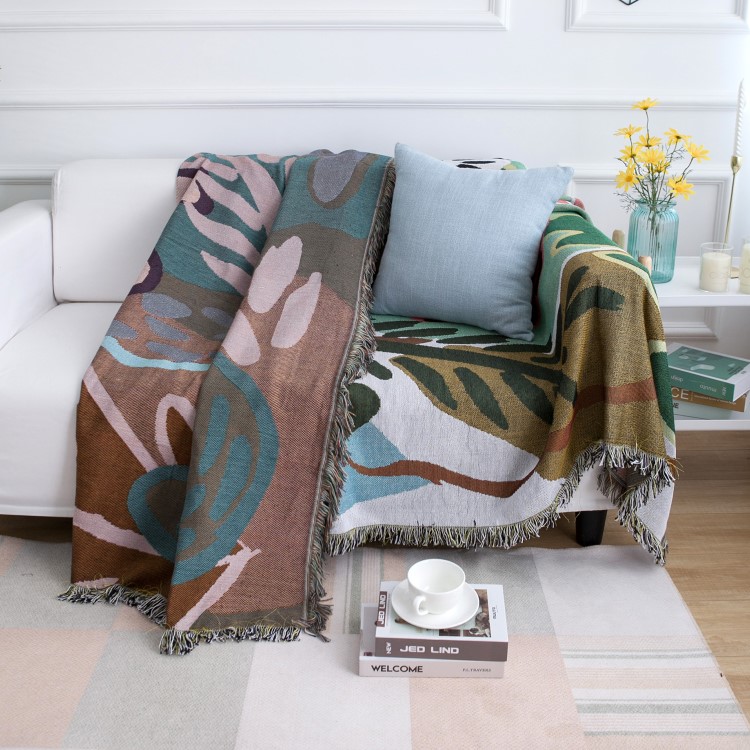 ソファーカバー 抽象アート柄フリンジ付きマルチカバー