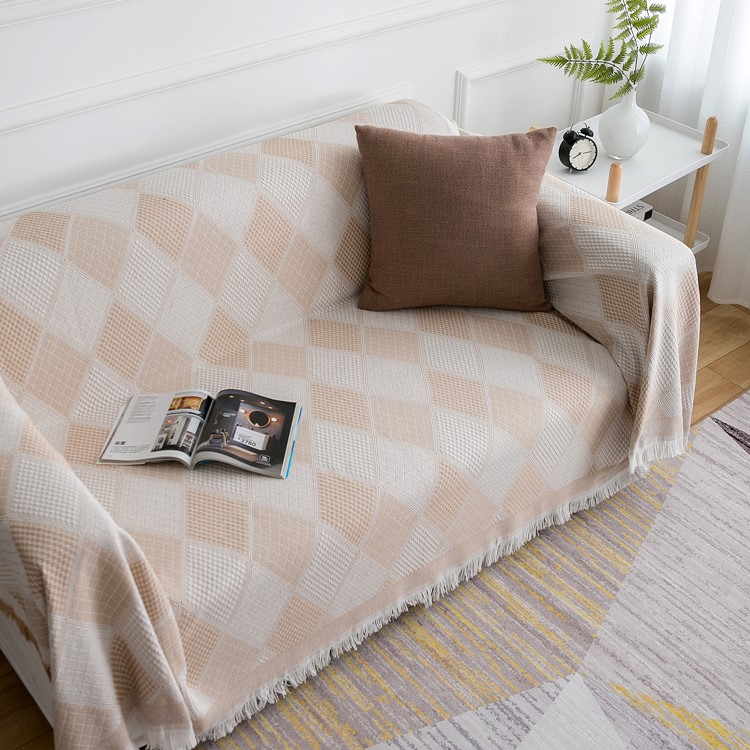 ソファーカバー 幾何学模様織り込みフリンジ付きマルチカバー