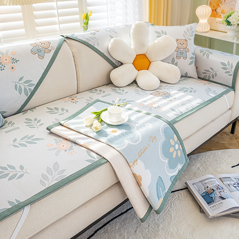 ソファーカバー くまちゃんと花柄がかわいい涼感素材の座面ソファーカバー