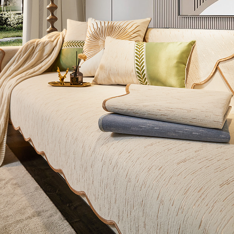 ソファーカバー 波型縁取り上質綿麻混紡二人掛け用座面保護カバー