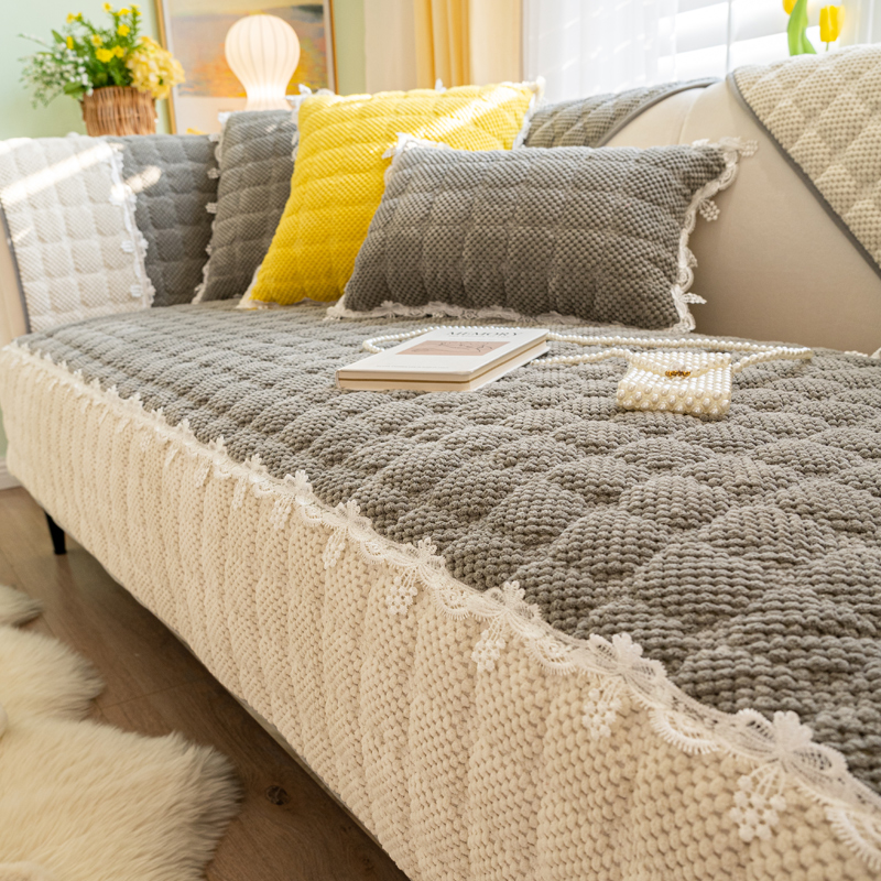 ソファーカバー 編み込み風レース付きキルティングソファーカバー