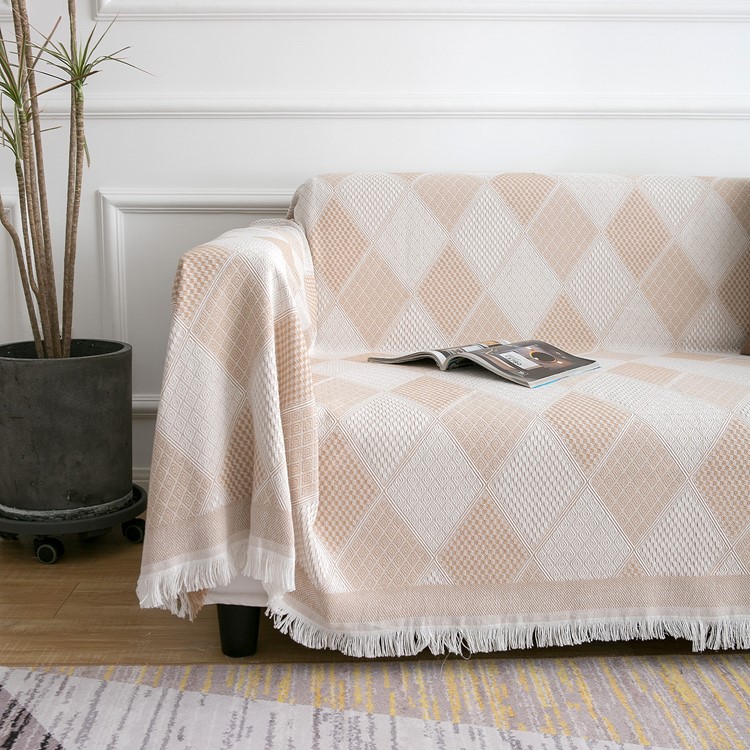 ソファーカバー 幾何学模様織り込みフリンジ付きマルチカバー