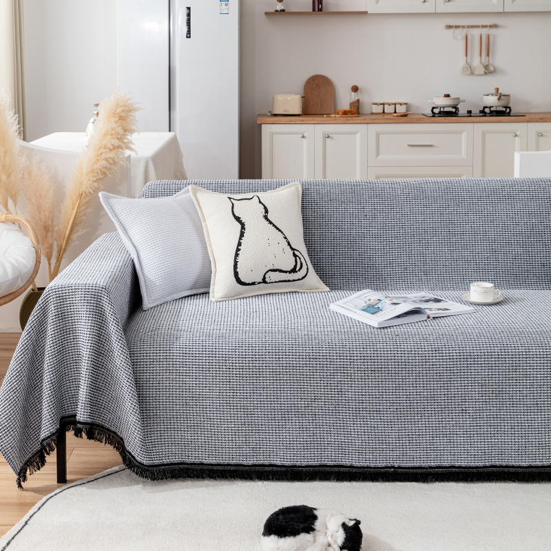 ソファーカバー 小格子模様フリンジ付きマルチカバー二人掛け用