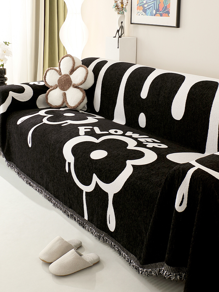 ソファーカバー 花柄しずく模様両面使用フリンジ付きソファーカバー