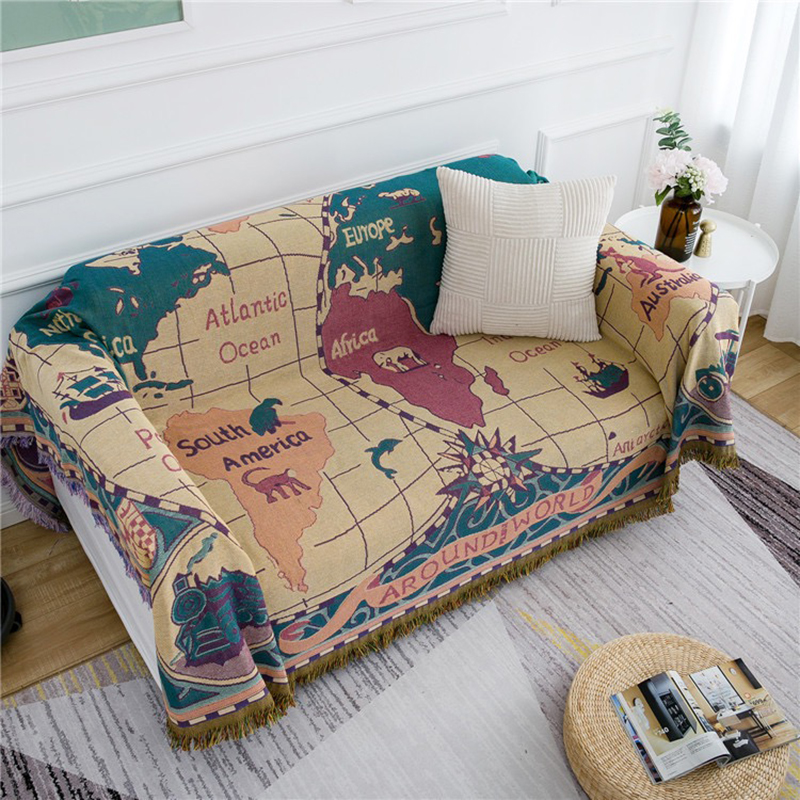 ソファーカバー 世界地図柄房飾り付き多機能ソファーカバー