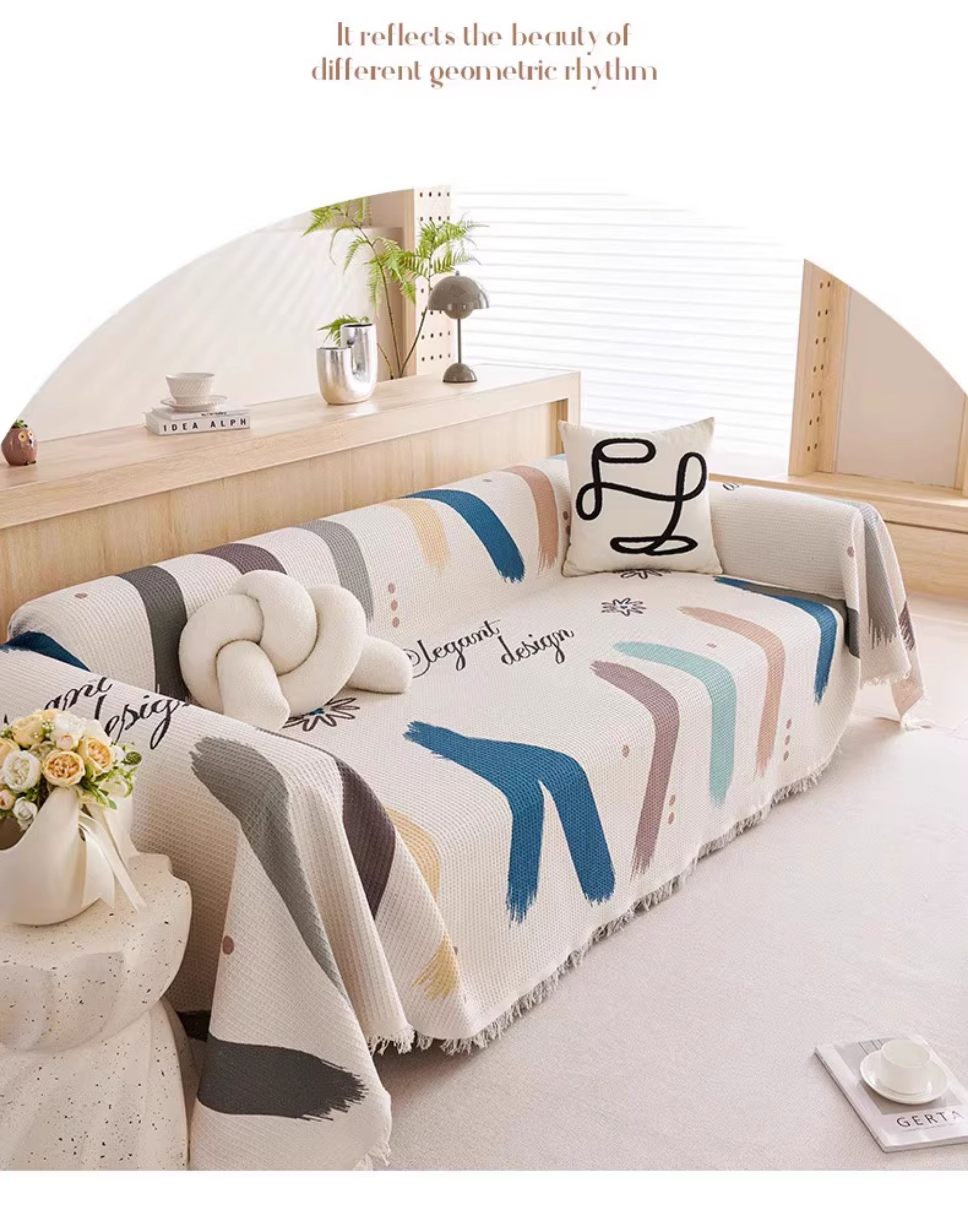 ソファーカバー 北欧風幾何学模様フリンジ付きマルチカバー