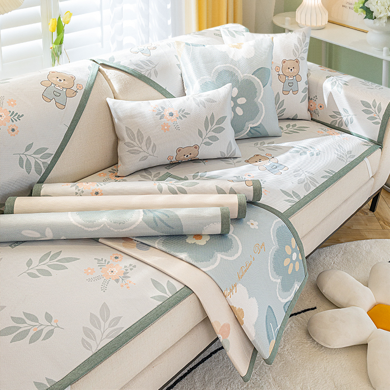 ソファーカバー くまちゃんと花柄がかわいい涼感素材の座面ソファーカバー