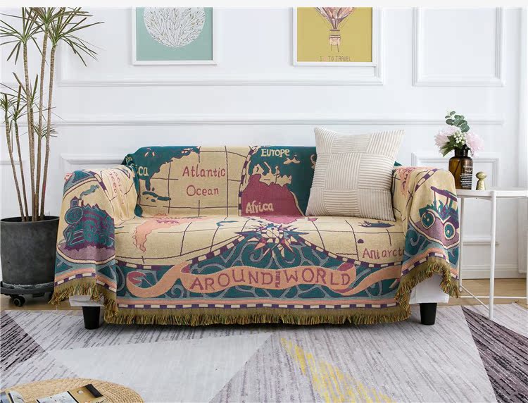 ソファーカバー 世界地図柄房飾り付き多機能ソファーカバー