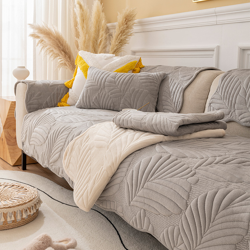 ソファーカバー トロピカルリーフ柄厚手キルティング二人掛けソファーカバー